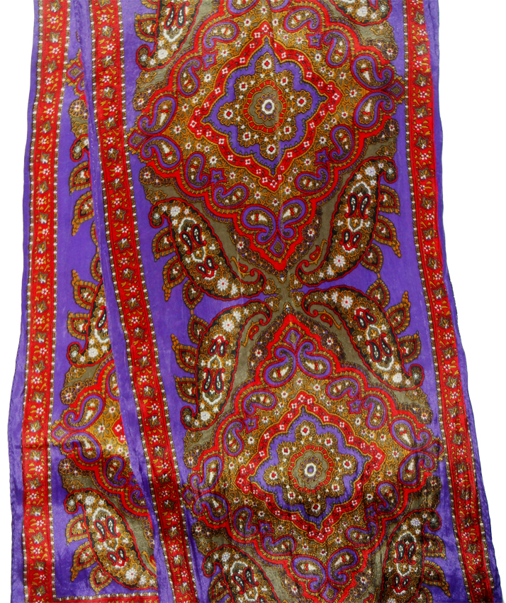 Long silk scarf purple, red, green design