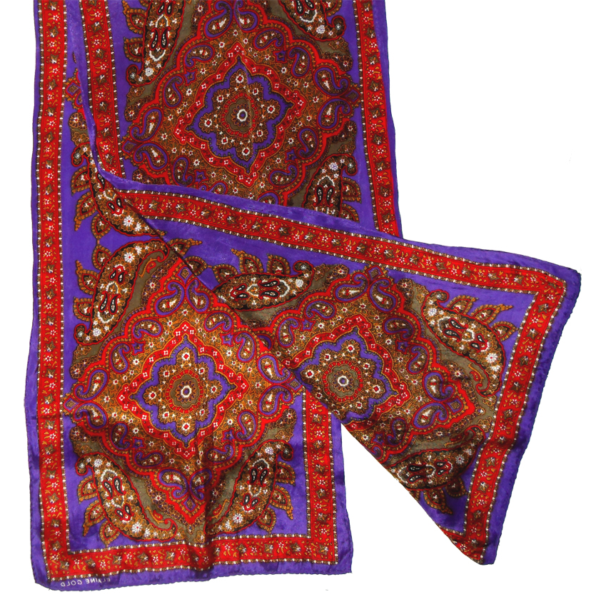 Long silk scarf purple, red, green design