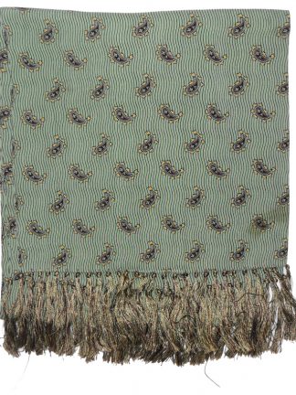 Green paisley design rayon scarf with hand tied tasseled ends