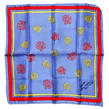 Handrolled edge silk pocket square with yellow and red cobras on a blue background