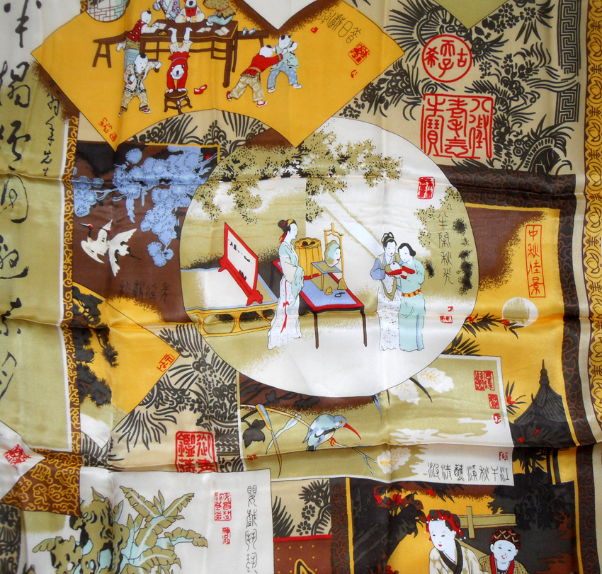 Pictorial silk scarf depicting various scenes