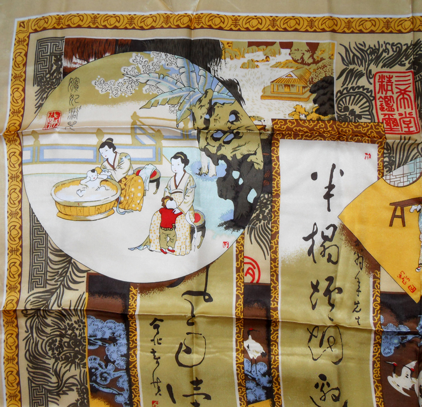 Pictorial silk scarf depicting various scenes