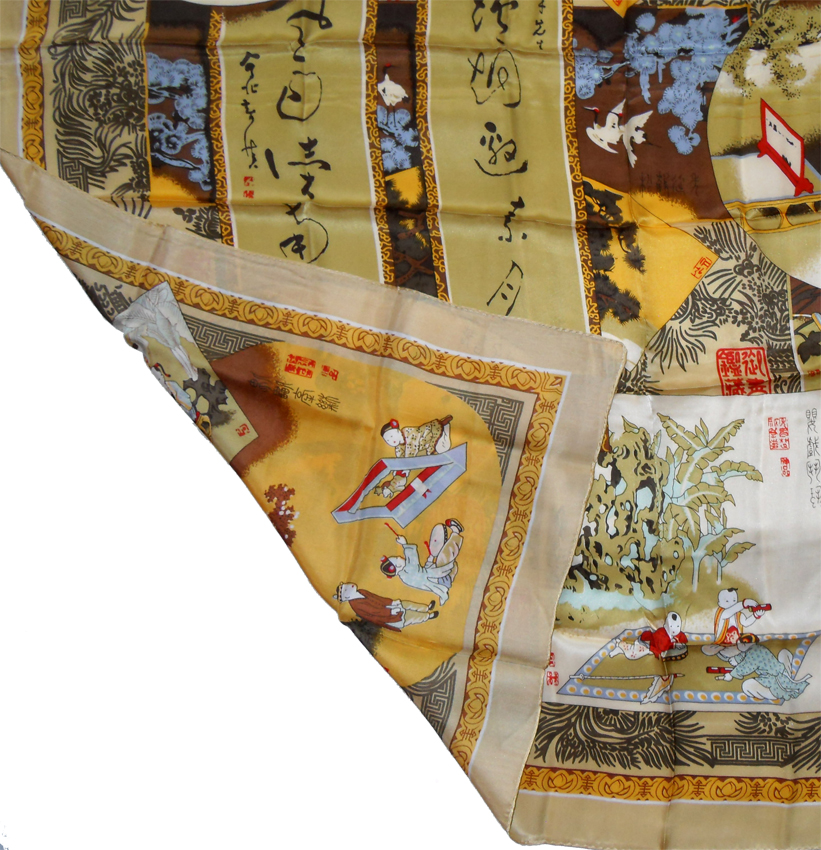 Pictorial silk scarf depicting various scenes