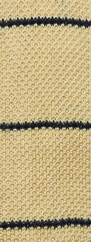 Square end knit tie with pale yellow background and narrow black stripe across