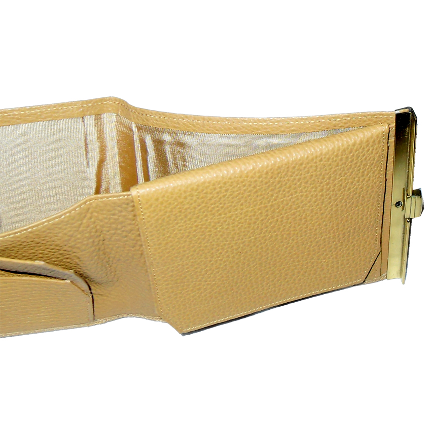 Light tan grained leather wallet with gold tone closure