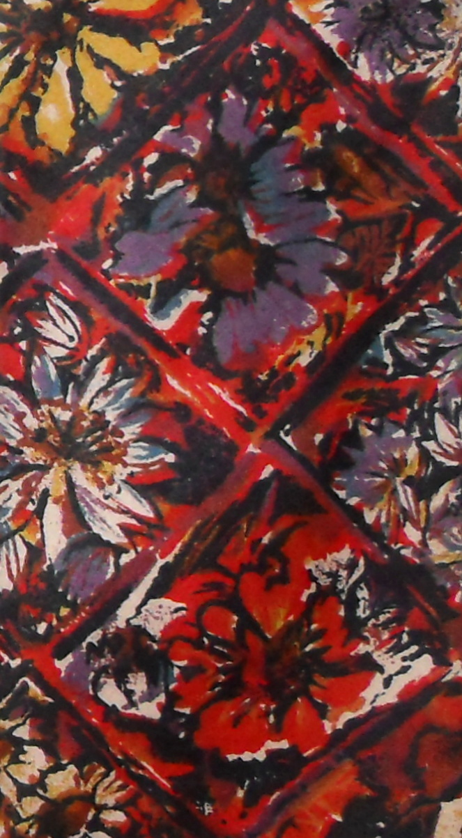 Vintage Liberty cotton tie with a floral design in reds, purples and yellows