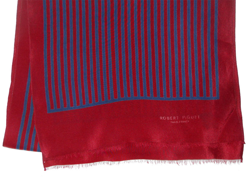 Dark red and blue striped long silk scarf by Robert Piguet