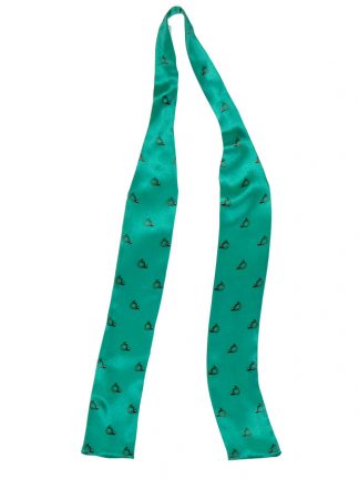 Narrow width green silk cravat with a brass horn design