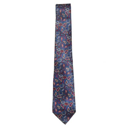 Chloe silk satin tie with a blue background and a red,white and blue paisley design