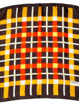 Odile St Germain Paris silk scarf with a yellow and red check design on a dark brown background