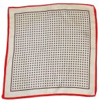 Hand rolled edge silk square with a red border and a cream and red design