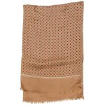 Long silk scarf by Echo with a gold background and red and grey circle design