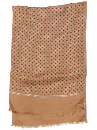 Long silk scarf by Echo with a gold background and red and grey circle design