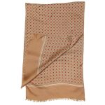 Long silk scarf by Echo with a gold background and red and grey circle design