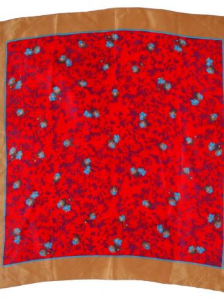 Red and blue flower design silk scarf with a brown border