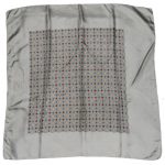 Silver grey silk scarf with a red, yellow and dark grey design