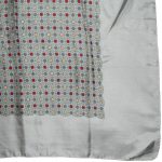 Silver grey silk scarf with a red, yellow and dark grey design