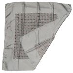 Silver grey silk scarf with a red, yellow and dark grey design