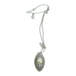 Stainless steel oval pendant with abalone decoration on chain