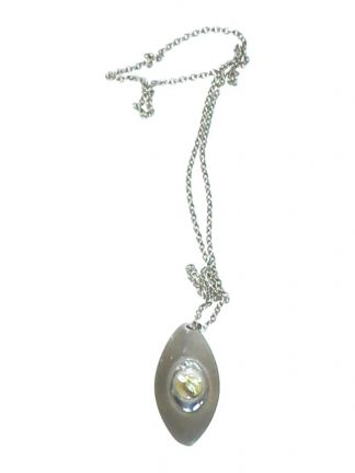 Stainless steel oval pendant with abalone decoration on chain