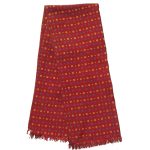 Dark red silk scarf with a blue and yellow design