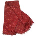 Dark red silk scarf with a blue and yellow design