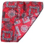 Dark red silk pocket square with a blue and silver design