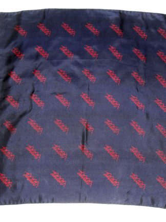 Jacqmar dark blue silk scarf with red outline of rope being pulled design