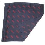 Jacqmar dark blue silk scarf with red outline of rope being pulled design