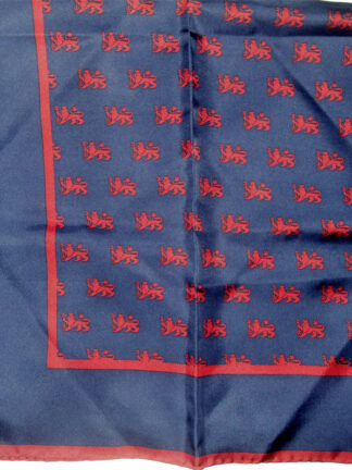 Michelsons British Lion design in red on blue background silk scarf