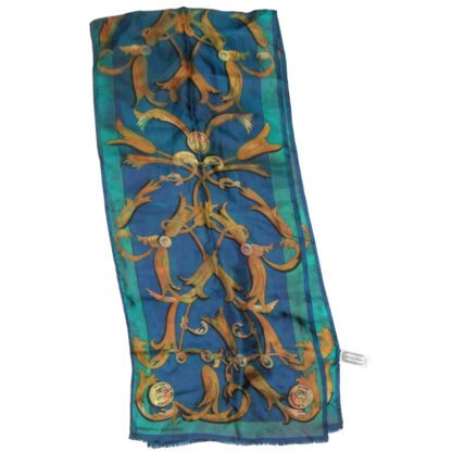 Adrienne Vittadini long blue, green and gold silk scarf