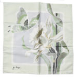 Jim Thompson Thai Silk pocket square with a butterfly and foliage design in green, gold and silver