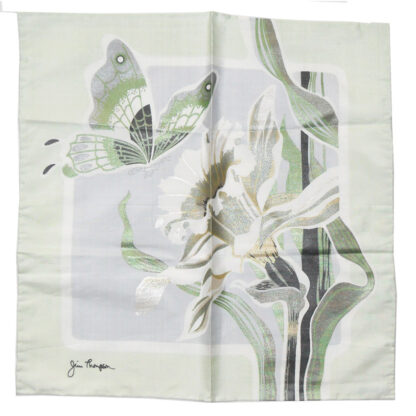 Jim Thompson Thai Silk pocket square with a butterfly and foliage design in green, gold and silver