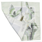 Jim Thompson Thai Silk pocket square with a butterfly and foliage design in green, gold and silver
