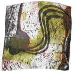 Silk satin pocket square in an abstract design in green, brown and pink