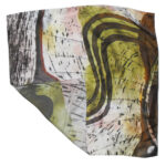 Silk satin pocket square in an abstract design in green, brown and pink