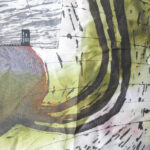 Silk satin pocket square in an abstract design in green, brown and pink