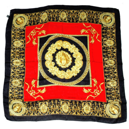 Red and gold classical design with a black border silk scarf with hand rolled edges