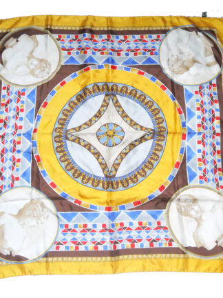 Silk scarf with hand rolled edges and a gold border with a classic central design in grey, blue and red.