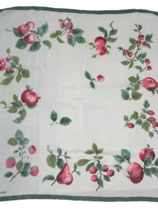 Jacqmar silk scarf with a green border, a pale green background and a designof fruit