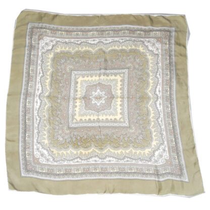 Pale olive silk scarf with a detailed central design