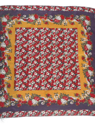 Floral border silk scarf with a purple background and a red,g reen and grey design