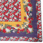 Floral border silk scarf with a purple background and a red,g reen and grey design