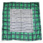 Green and dark blue border silk scarf with a dark blue and white stripe central design