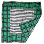 Green and dark blue border silk scarf with a dark blue and white stripe central design