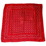Red silk scarf with small blue and cream circle design