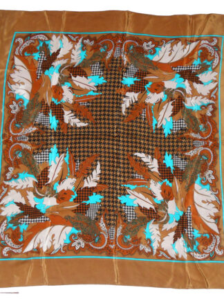 Brown silk scarf with a central design in shades of brown and turquoise blue
