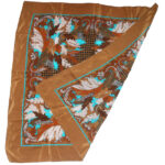 Brown silk scarf with a central design in shades of brown and turquoise blue