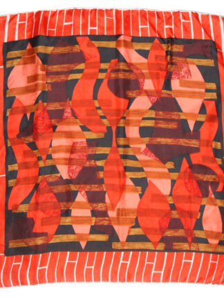 Orange and white border silk scarf wiht a central deisgn in ornage black and brown