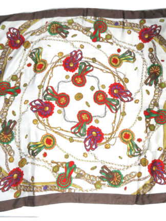 Silk scarf with a brown border, white central background and a design of rosettes